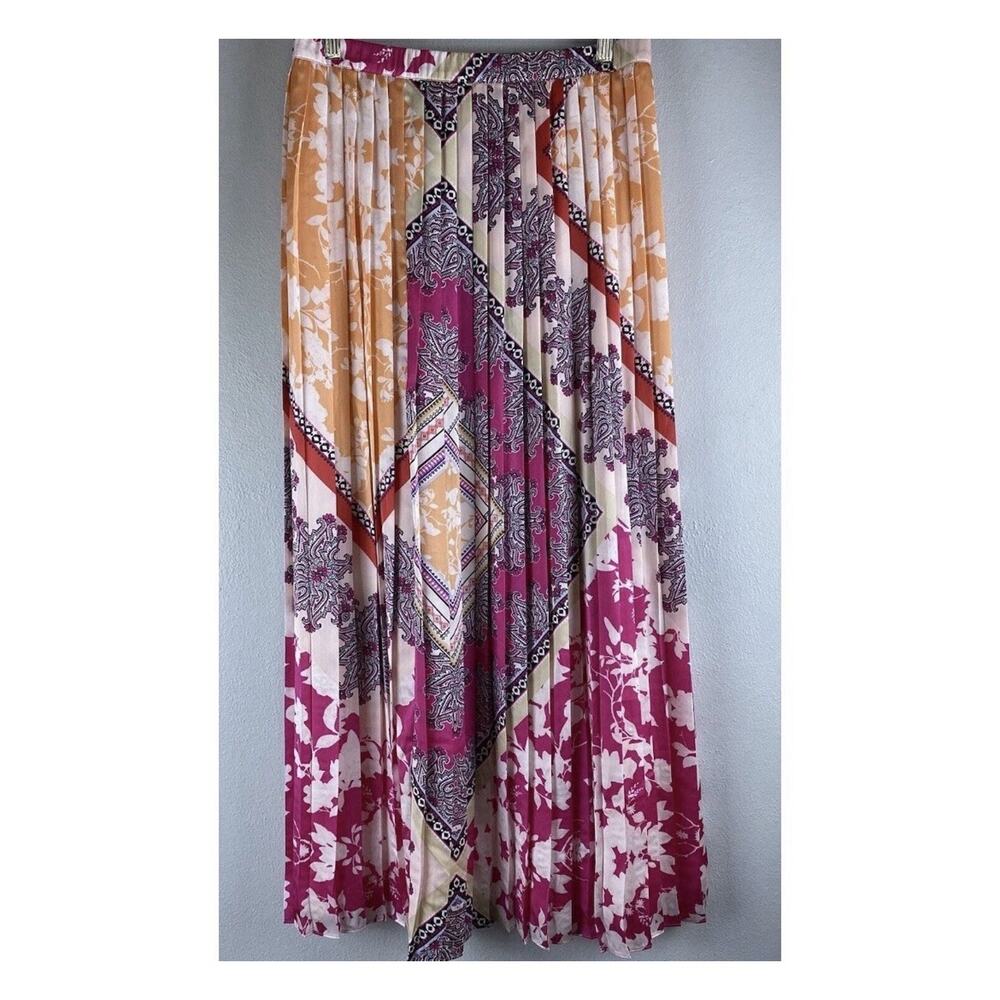 Boho Patchwork Pleated Midi Skirt Pink Orange Paisley Scarf Print Resort - Picture 2 of 8